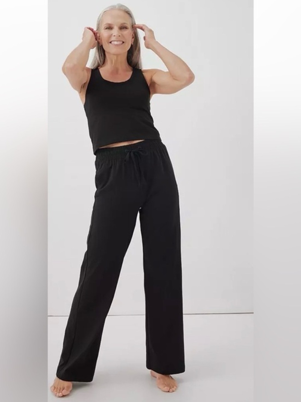 Black linen cotton blend Wide-Leg Drawstring Pants